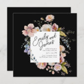 エレガントブラックガーデン結婚ワイルドフラワー 招待状 (正面/裏面)