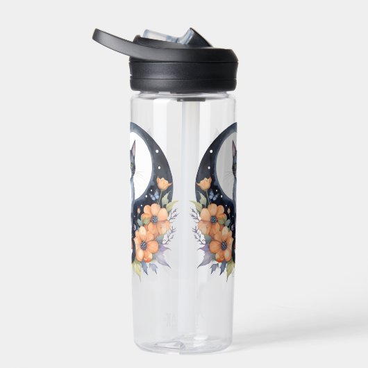 エレガントブラックキャットフローラムーンアート猫好き ウォーターボトル (右面)