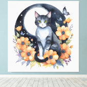 エレガントブラックキャットフローラムーンアート猫好き キャンバスプリント (インサイチュ (ウッドフロア))