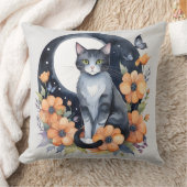 エレガントブラックキャットフローラムーンアート猫好き クッション (ブランケット)