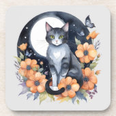 エレガントブラックキャットフローラムーンアート猫好き コースター (正面)