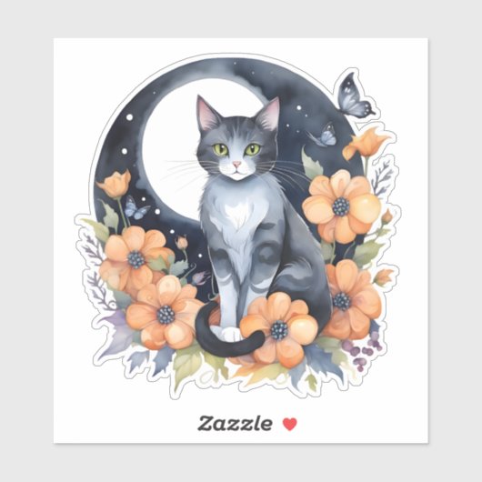 エレガントブラックキャットフローラムーンアート猫好き シール (シート)