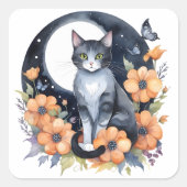 エレガントブラックキャットフローラムーンアート猫好き スクエアシール (正面)