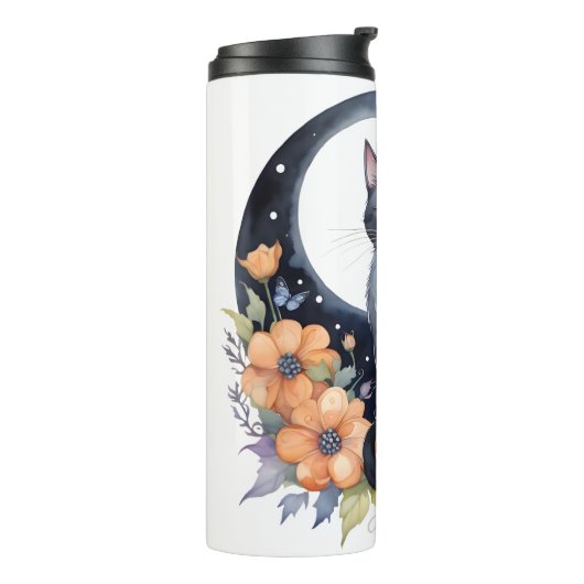 エレガントブラックキャットフローラムーンアート猫好き タンブラー (回転左)