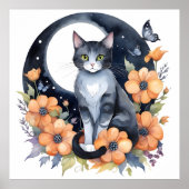 エレガントブラックキャットフローラムーンアート猫好き ポスター (正面)