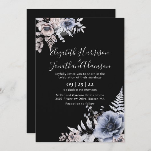エレガントブラッククリーム水彩フローラ結婚ズ 招待状 (正面/裏面)