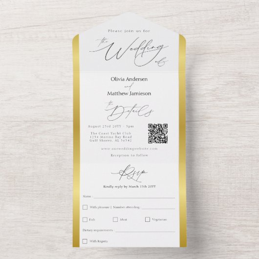 エレガントブラックグレイ金ゴールドストライプタイポグラフィ結婚ズ オールインワン招待状 (内側)