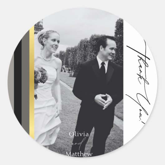 エレガントブラックグレイ金ゴールドストライプタイポグラフィ結婚ズ ラウンドシール (正面)