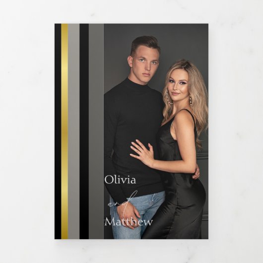 エレガントブラックグレイ金ゴールドストライプタイポグラフィ結婚ズ 三つ折りカード (カバー)