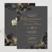 エレガントブラックグレイ金ゴールドバラフローラキンセアニェラ 招待状 (正面/裏面)