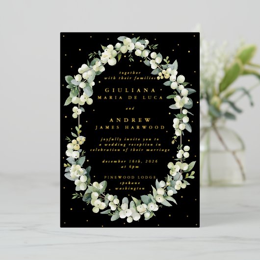 エレガントブラックスノーベリー+ユーカリ披露宴のみ 箔招待状 (立ち正面)