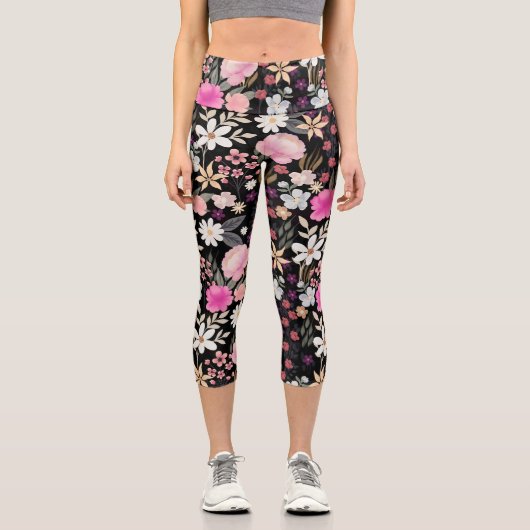 エレガントブラックピンクワイルドフラワーズボホフローラ絵を描 カプリレギンス (正面)