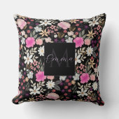 エレガントブラックピンクワイルドフラワーズボホフローラ絵を描 クッション (正面)