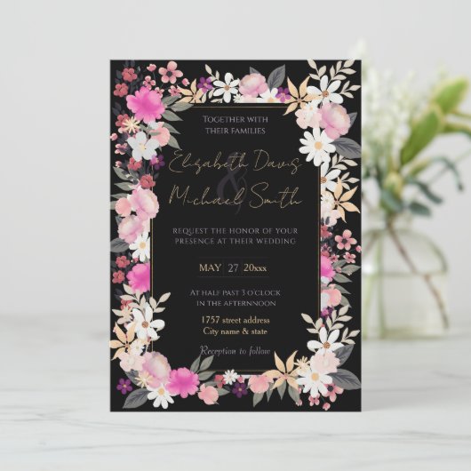 エレガントブラックピンクワイルドフラワーズボホフローラ絵を描 招待状 (スタンド正面)