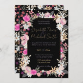 エレガントブラックピンクワイルドフラワーズボホフローラ絵を描 招待状 (正面/裏面)