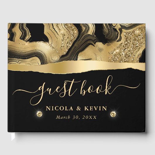 エレガントブラックフォイルと金ゴールドグリッターアゲート結婚ト ゲストブック (正面)