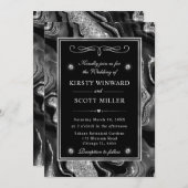 エレガントブラックフォイル&シルバーグリッターアゲート結婚ズ 招待状 (正面/裏面)