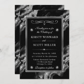 エレガントブラックフォイル&シルバーグリッターアゲート結婚ズ 招待状 (正面/裏面)