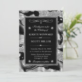 エレガントブラックフォイル&シルバーグリッターアゲート結婚ズ 招待状 (スタンド正面)