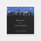 エレガントブラックブルーシルバーグリッタードリップ結婚ズ スタンダードカクテルナプキン (正面)