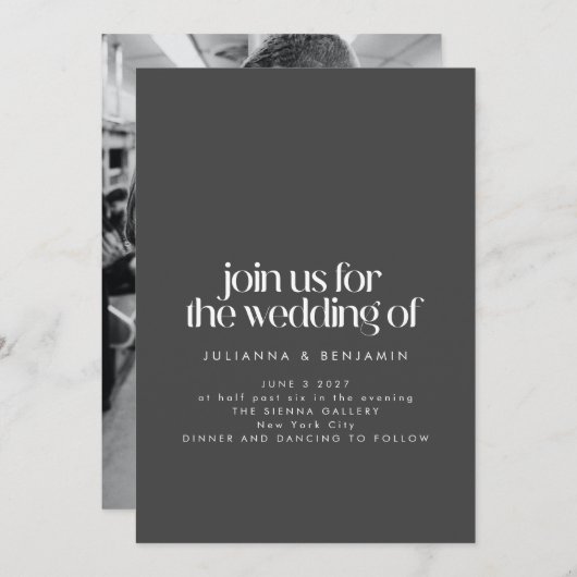 エレガントブラックミニマモダンリスト結婚写真 招待状 (正面/裏面)