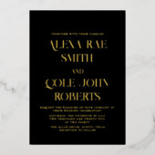 エレガントブラックミニマル結婚リストシック金ゴールド 箔招待状 (正面)