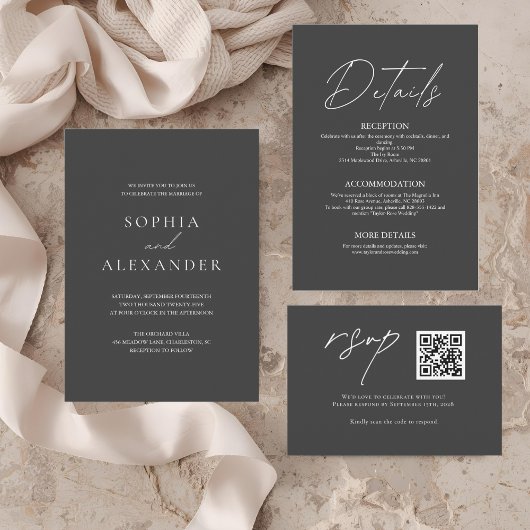 エレガントブラックミニマル結婚リストモダン 招待状