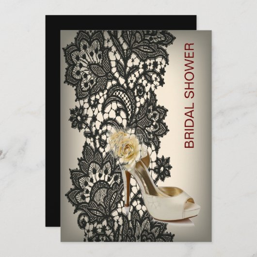 エレガントブラックレースベージュヴィンテージブライダルシャワー 招待状 (正面/裏面)