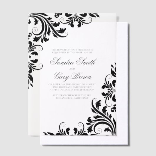 エレガントブラックレースホワイトダマ結婚ーズ ベラム紙招待状 (オフセット)