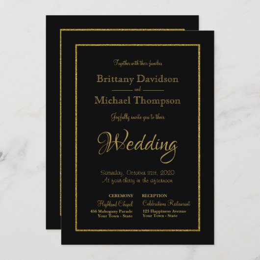 エレガントブラック金ゴールド結婚教会 招待状 (正面/裏面)