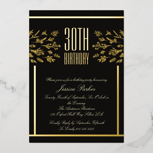 エレガントブラック&ゴールデンフローラミニマル招待状 箔招待状 (正面)