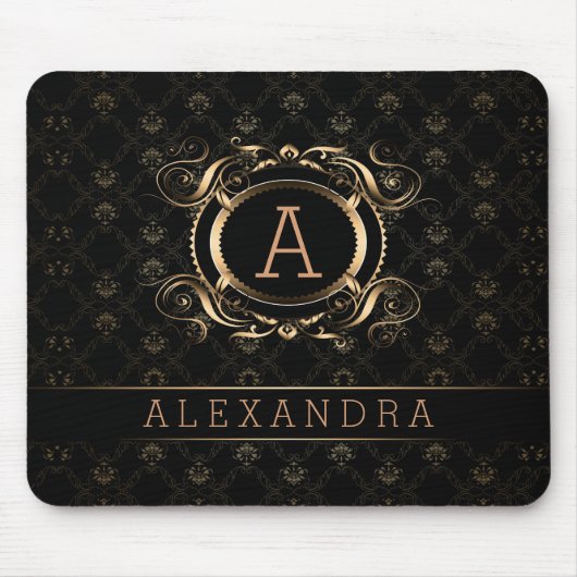 エレガントブラック&シルバーグレーバロックフローラ枠 マウスパッド (正面)
