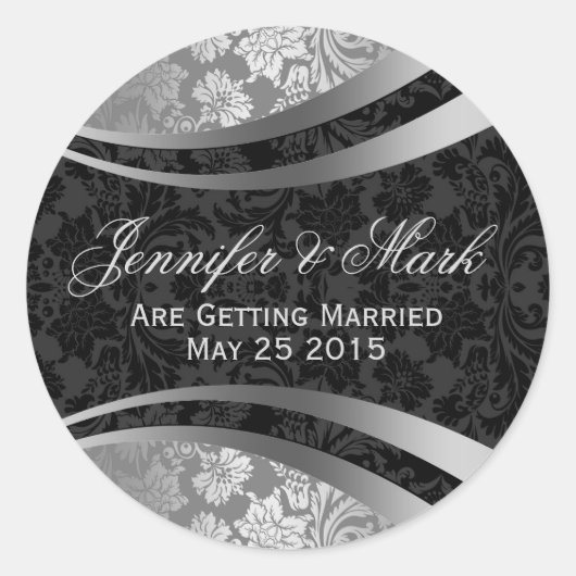 エレガントブラック&シルバーグレーヴィンテージフローラダマスク ラウンドシール (正面)