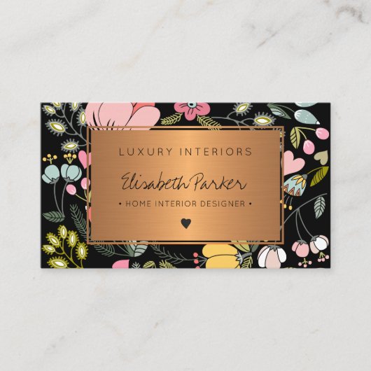 エレガントブラック&パステルピンクフローラホームインテリア 名刺 (正面)
