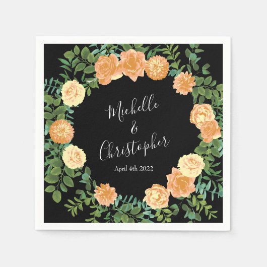 エレガントブラック&ピーチバラ結婚ズ スタンダードカクテルナプキン (正面)