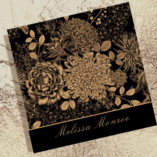 エレガントブラック&ベージュワイルドフラワーズプロフェッショナル スクエア名刺
