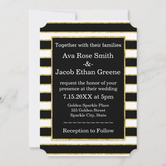 エレガントブラック+ホワイトストライプと金ゴールドスパークル結婚ズ 招待状 (正面)
