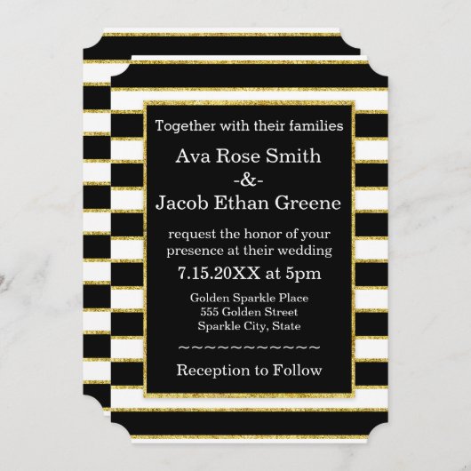 エレガントブラック+ホワイトストライプと金ゴールドスパークル結婚ズ 招待状 (正面/裏面)