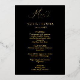 エレガントブラック&金ゴールドのディナ結婚ーメニューカード 箔招待状