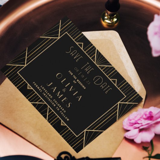 エレガントブラック&金ゴールドアールデコ素晴らしギャツビー結婚ズ セーブザデート