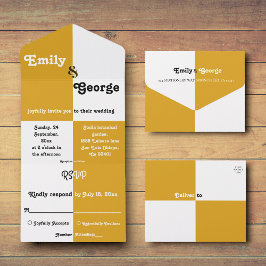 エレガントブラック&金ゴールドシックモダンシンプル結婚ズ オールインワン招待状