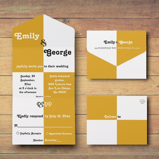 エレガントブラック&金ゴールドシックモダンシンプル結婚ズ オールインワン招待状