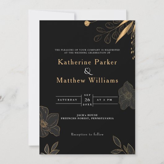 エレガントブラック&金ゴールドフローラミニマリスト写真 招待状 (正面)