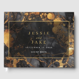 エレガントブラック&金ゴールドマーブル結婚ズゲストブック ゲストブック