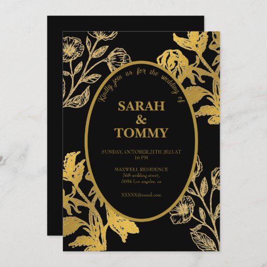 エレガントブラック&金ゴールドワイルドフラワーモダン結婚ズ 招待状 (正面/裏面)