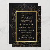 エレガントブラック&金ゴールド植物学ブライダルシャワー 招待状 (正面/裏面)