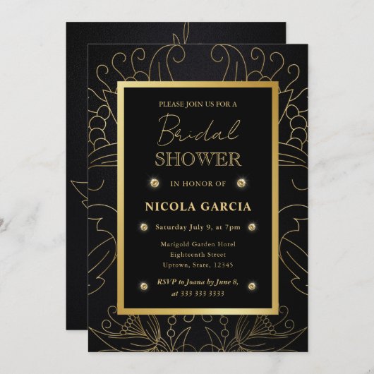 エレガントブラック&金ゴールド植物学ブライダルシャワー 招待状 (正面/裏面)