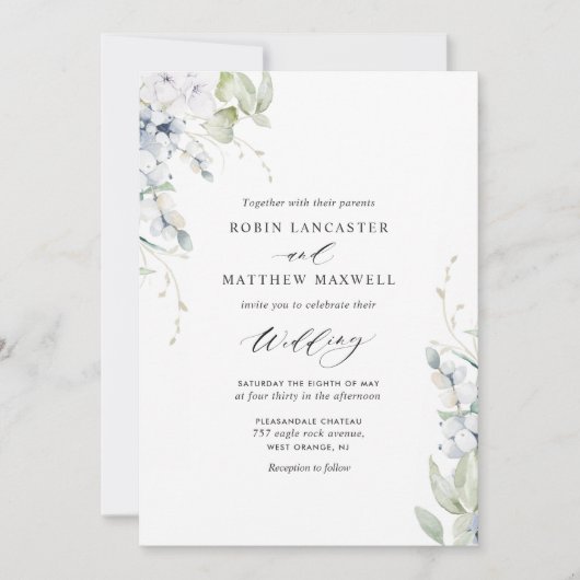 エレガントブリスダスティブルーホワイトフローラ結婚ズ 招待状 (正面)