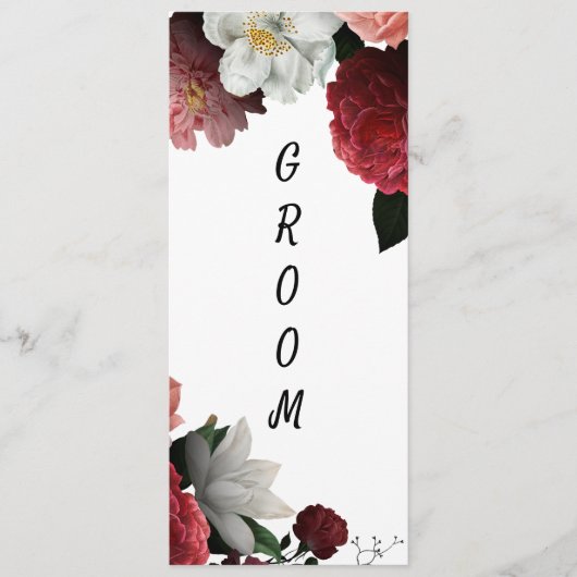 エレガントブルゴーニュとピンクの花予約チェア メニュー (正面)