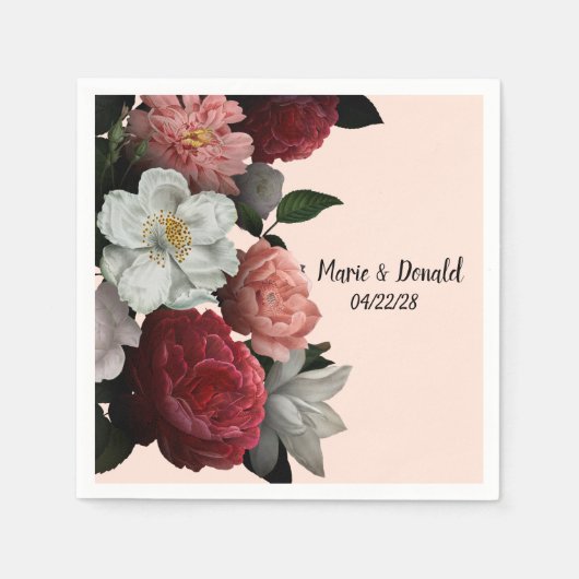 エレガントブルゴーニュとピンクの花 スタンダードカクテルナプキン (正面)